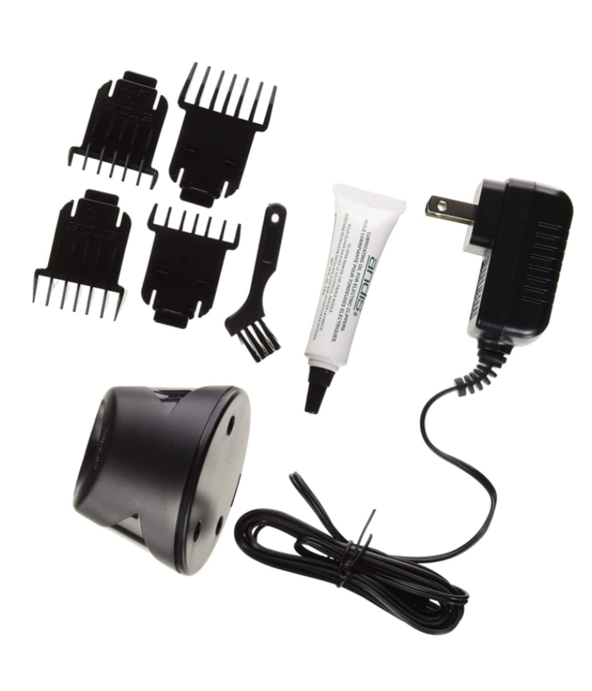 andis pro slimline silver guides, charger, oil, brush, charging stand